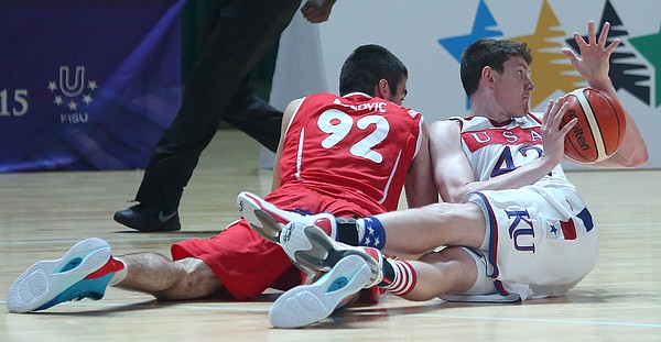 Kansas center Hunter Mickelson (42) makes a hustle play on a loose ball in a Team USA 96-57 win over Switzerland Thursday, July 9, at the World University Games in South Korea.