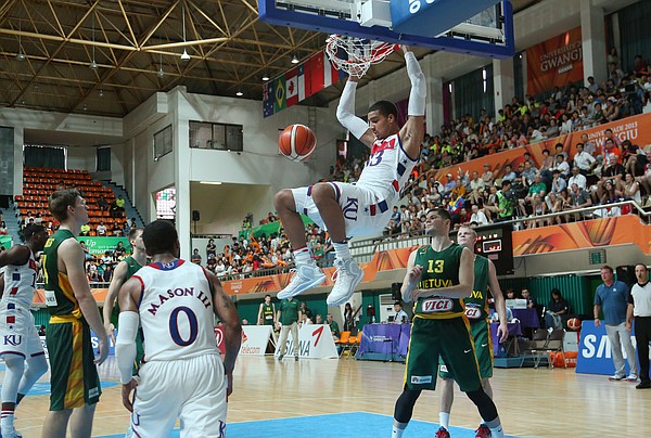 Kansas forward Landen Lucas (33) dunks in the 2nd-half of a 70-48 Team USA quarter-final win over Lithuania Saturday, July 11, at the World University Games in Gwangju, South Korea.