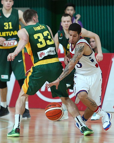 Team USA guard Nic Moore (3) steals the ball from Lithuania forward Tomas Dimsa (33) in a 70-48 Team USA quarter-final win over Lithuania Saturday, July 11, at the World University Games in Gwangju, South Korea.