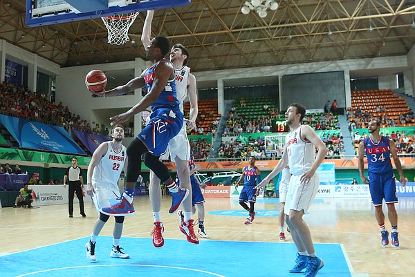 Kansas guard Wayne Selden Jr. (1) soars to the goal for two points in the first half of Team USA's 78-68 semifinal victory against Russia on Sunday, July 12, 2015, at the World University Games in South Korea.
