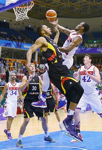 Kansas guard Wayne Selden Jr. (1) drives to the basket in a Team USA gold-medal game against Germany Monday, July 13, at the World University Games in South Korea.