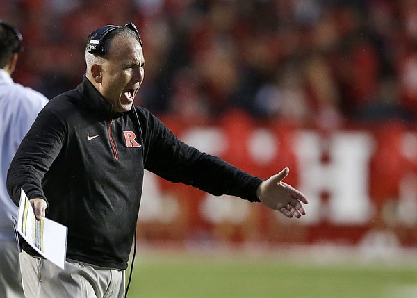 Rutgers head coach Kyle Flood shouts to his players from the sidelines during an NCAA college football game against Washington State, Saturday Sept. 12, 2015, in Piscataway, N.J. (AP Photo/Mel Evans)