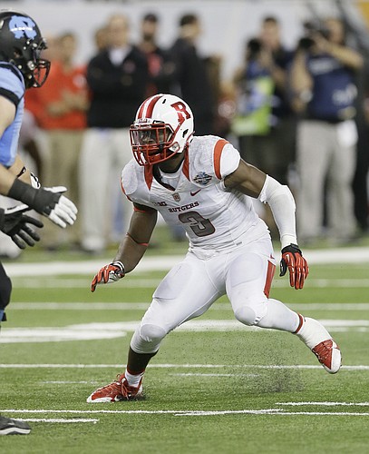 Rutgers linebacker Steve Longa (3) is seen during the second half of the Quick Lane Bowl NCAA college football game against North Carolina, Friday, Dec. 26, 2014, in Detroit. Rutgers defeated North Carolina 40-21. (AP Photo/Carlos Osorio)