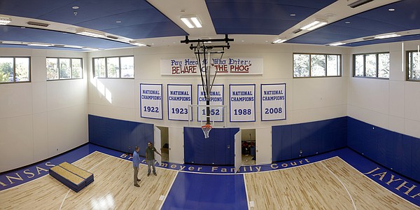 Brandmeyer Family Court, a half-court basketball facility, is one of the highlights of the new $11.2 million McCarthy Hall, which houses the Kansas men's basketball team.
