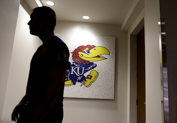 A Jayhawk hangs on a wall inside the new $11.2 million McCarthy Hall, which houses the Kansas men's basketball team.