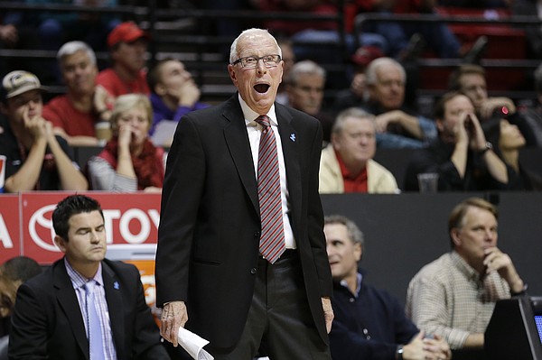 San Diego State coach Steve Fisher reacts during the second half of his team's NCAA college basketball game against Grand Canyon State Friday, Dec. 18, 2015, in San Diego. Grand Canyon won 52-45. (AP Photo/Gregory Bull)