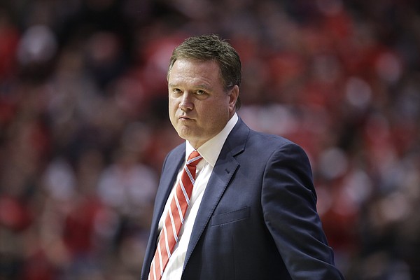 Kansas head coach Bill Self turns in frustration during a run by the Aztecs in the second half, Tuesday, Dec. 22, 2015 at Viejas Arena in San Diego.