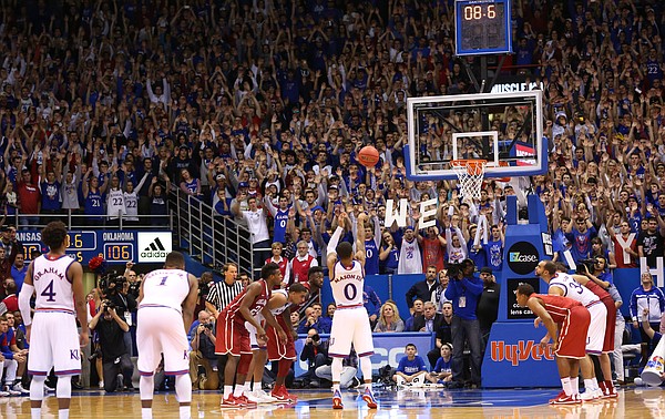 Kansas guard Frank Mason III (0) hits the second of two free throws with 8.6 seconds remaining in the third overtime, Monday, Jan. 4, 2016 at Allen Fieldhouse.