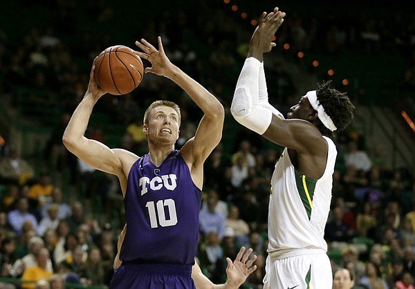 TCU's Vladimir Brodziansky (10) of Slovakia goes up for a shot as Baylor's Johnathan Motley (5) defends during an NCAA college basketball game, Wednesday, Jan. 13, 2016, in Waco, Texas. (AP Photo/Tony Gutierrez)