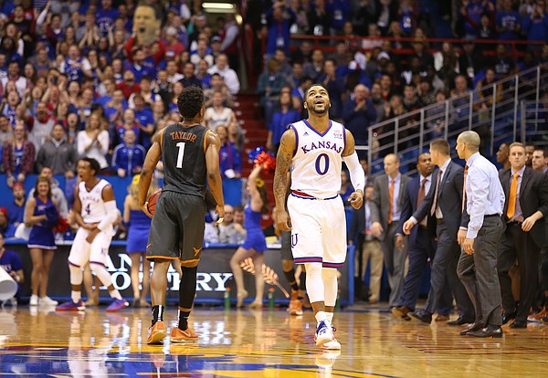 Kansas guard Frank Mason III (0) celebrates during a Texas timeout in the second half, Saturday, Jan. 23, 2016 at Allen Fieldhouse.