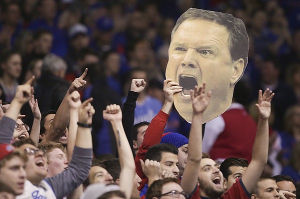 A fiery Bill Self head is hoisted up among the students during the first half, Saturday, Jan. 23, 2016 at Allen Fieldhouse.