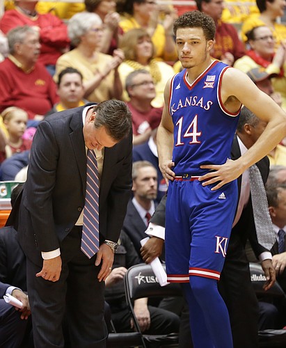 Kansas head coach Bill Self reacts to a stretch filled with turnovers by the Jayhawks before Kansas guard Brannen Greene (14) during the first half, Monday, Jan. 25, 2016 at Hilton Coliseum in Ames, Iowa.