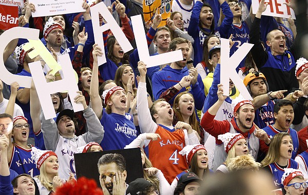 Kansas fans celebrate during filming of the ESPN College GameDay at Allen Fieldhouse, Saturday, Jan. 30, 2016, hours before the tip-off between KU and ]Kentucky men's basketball game.
