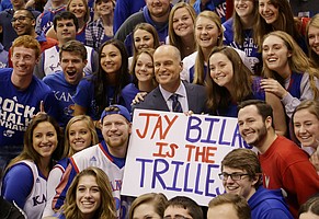 ESPN College GameDay analyst Jay Bilas is photographed with Kansas fans during the show at Allen Fieldhouse, Saturday, Jan. 30, 2016, hours before the tip-off between KU and Kentucky men's basketball game.