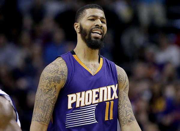 Phoenix Suns' Markieff Morris reacts to a call during the second half of the team's NBA basketball game against the Golden State Warriors, Wednesday, Feb. 10, 2016, in Phoenix. (AP Photo/Matt York)