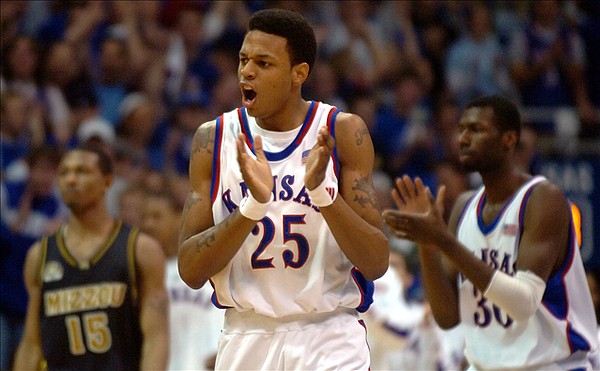 (FILE) Kansas guard Brandon Rush reacts with excitement during the first half after a forced turnover on the Tigers.