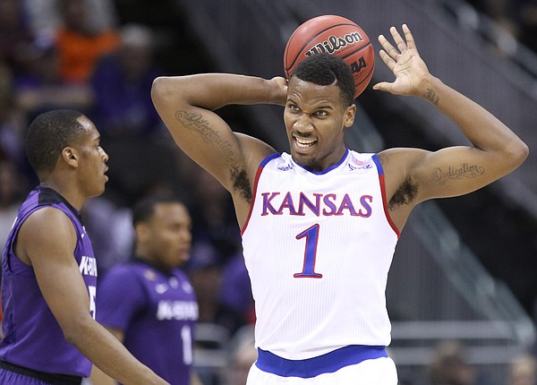 Kansas guard Wayne Selden Jr. (1) reacts after a foul was called against the Jayhawks during the first half, Thursday, March 10, 2016 at Sprint Center in Kansas City, Mo.