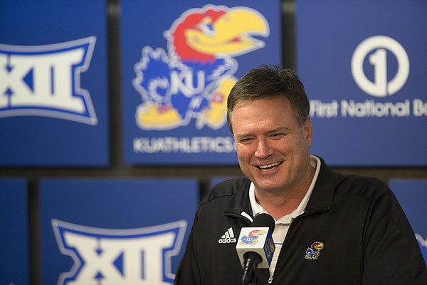 Kansas coach Bill Self speaks during a news conference following the NCAA Tournament selection show on CBS, Sunday, March 13, 2016. The Jayhawks were given the No. 1 seed in the South Regional and will play Austin Peay on Thursday in Des Moines.