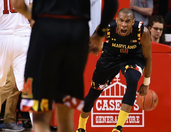 Maryland's Rasheed Sulaimon (0) reacts after a dunk during the second half of an NCAA college basketball game against Nebraska in Lincoln, Neb., Wednesday, Feb. 3, 2016. Maryland won 70-65. (AP Photo/Nati Harnik)