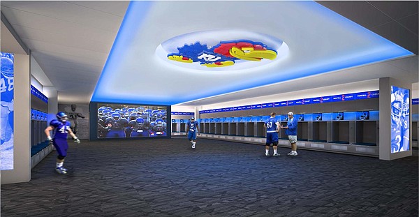 An artist's rendering of the new-look KU football locker room, coming this summer. Illustration courtesy of Kansas Athletics. 