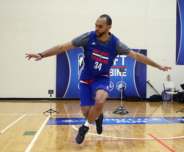 Perry Ellis, from Kansas, participates in the NBA Draft basketball combine Friday, May 13, 2016, in Chicago. (AP Photo/Charles Rex Arbogast)
