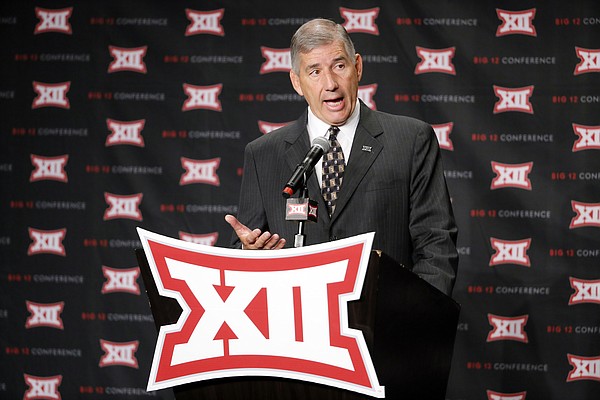 Big 12 commissioner Bob Bowlsby addresses the media Monday morning during his opening remarks at this year's Big 12 media days. (AP photo) 