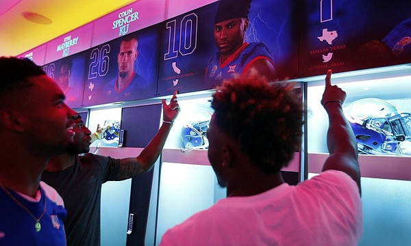Kansas football players check out the team's new locker room for the first time on Aug. 28, 2016. (Photo by Jeff Jacobsen/Kansas Athletics)