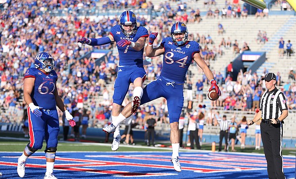 Kansas tight end Jace Sternberger (7) gets up to celebrate a touchdown by Kansas tight end Ben Johnson (84) during the first quarter on Saturday, Sept. 3, 2016 at Memorial Stadium.