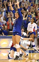 Kansas libero Cassie Wait (5) reacts after the Jayhawks beat the Longhorns in five sets on Saturday, Oct. 29, 2016 at the Horejsi Center.