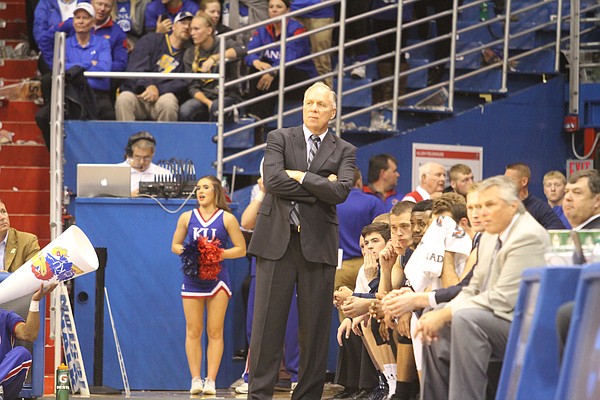 Washburn coach Bob Chipman surveys the action on the floor during one of Washburn's recent trips to Allen Fieldhouse to take on the Jayhawks in exhibition play. 