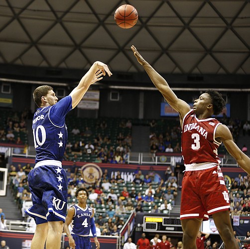 Kansas guard Sviatoslav Mykhailiuk (10) puts up a three from the corner over Indiana forward OG Anunoby (3) during the second half of the Armed Forces Classic at Stan Sheriff Center, on Friday, Nov. 11, 2016 in Honolulu, Hawaii.