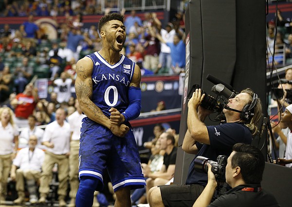 Kansas guard Frank Mason III (0) roars after an and-one bucket during the second half of the Armed Forces Classic at Stan Sheriff Center, on Friday, Nov. 11, 2016 in Honolulu, Hawaii.