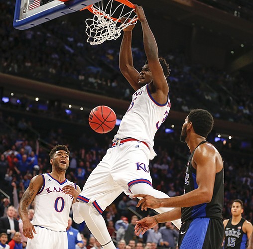 Kansas center Udoka Azubuike dunks against Duke during the second half of the Champions Classic on Tuesday, Nov. 15, 2016 at Madison Square Garden in New York.