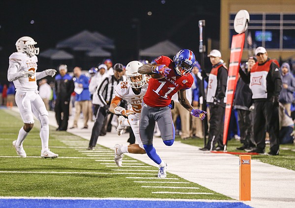 Kansas wide receiver Steven Sims Jr. (11) gets near  the end zone after a catch late in the fourth quarter on Saturday, Nov. 19, 2016 at Memorial Stadium.