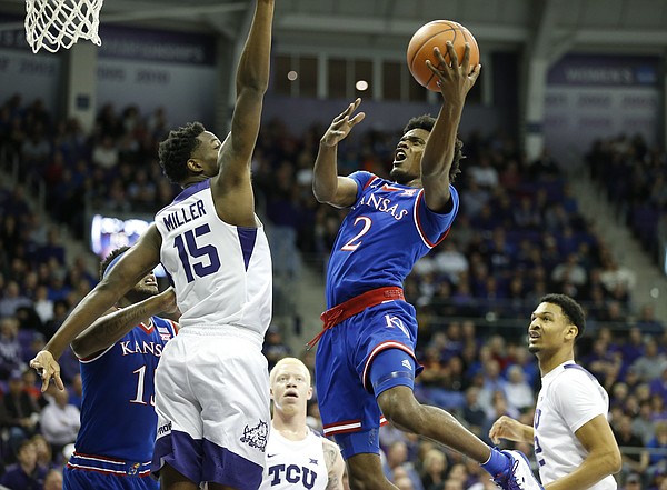 Kansas guard Lagerald Vick (2) floats to the bucket against TCU forward JD Miller (15) during the first half, Friday, Dec. 30, 2016 at Schollmaier Arena in Fort Worth, Texas