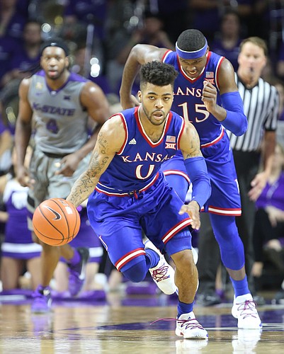 Kansas guard Frank Mason III (0) charges up the court with the ball on a break during the first half, Monday, Feb. 6, 2017 at Bramlage Coliseum.