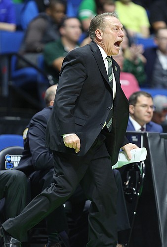 Michigan State head coach Tom Izzo gets angry with his defense during the second half on Friday, March 17, 2017 at BOK Center in Tulsa, Oklahoma.