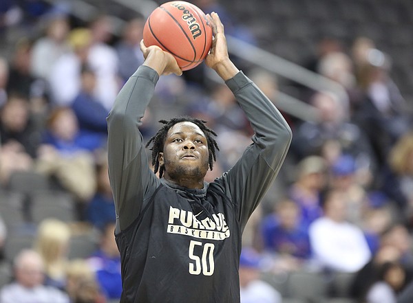 Purdue forward Caleb Swanigan (50) pulls up for a shot during a day of practices and press conferences prior to Thursday's game at Sprint Center in Kansas City, Mo.