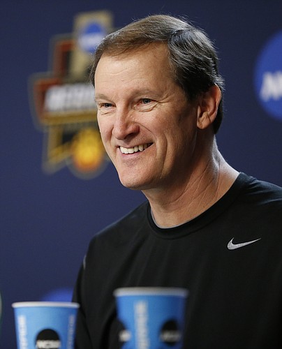 Oregon head coach Dana Altman smiles as he talks with media members during a press conference on Friday, March 24, 2017 at Sprint Center.