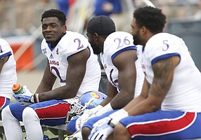Kansas receiver Daylon Charlot sits with his fellow position players during the 2017 Spring Game on Saturday, April 15 at Memorial Stadium.