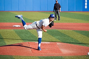 Kansas pitcher Jackson Goddard delivers a pitch during the opener of the Sunflower Showdown on Friday night, May 12, 2017, at Hoglund Ballpark.
