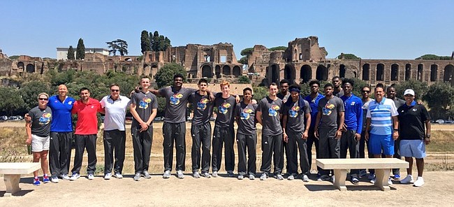 Fresh off the plane in Rome, the members of the Kansas basketball team pose together on Tuesday, Aug. 1, 2017, at one of their first stops, the Circus of Maxentius, an ancient complex of Roman buildings constructed between A.D. 306 and 312. 
