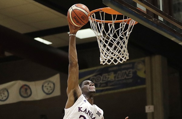 Kansas forward Billy Preston scores during an exhibition game between KU and an Italian selection of players, in Seregno, near Milan, Italy, Saturday, Aug. 5, 2017.