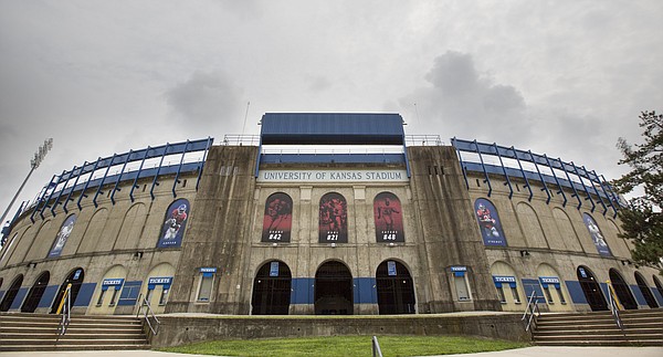 Banners of famed Kansas football players have been added to many of the archways set within the north end of Memorial Stadium. The stadium is pictured on Monday, Aug. 7, 2017.