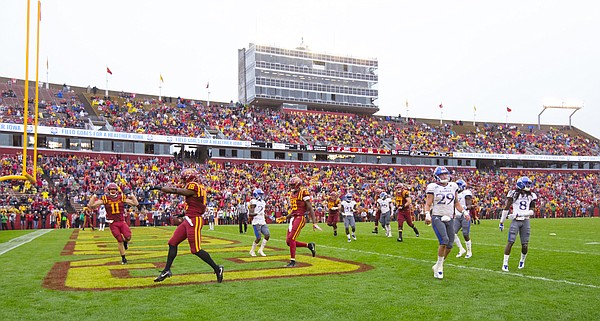 Kansas linebacker Joe Dineen Jr. (29) and the Jayhawks show their frustration as Iowa State wide receiver Marchie Murdock (16) runs in another touchdown during the third quarter on Saturday, Oct. 14, 2017 at Jack Trice Stadium in Ames, Iowa.