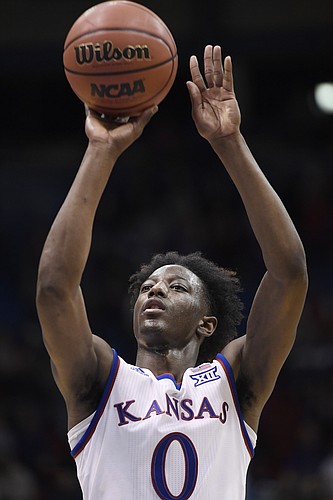 Kansas freshman guard Marcus Garrett makes a free throw to break 100 points in an exhibition game against Pittsburg State on Tuesday at Allen Fieldhouse.