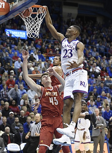 Kansas freshman forward Billy Preston throws down a one-handed dunk in an exhibition game against Pittsburg State on Tuesday at Allen Fieldhouse. 