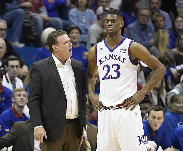 Kansas basketball coach Bill Self talks with freshman forward Billy Preston in the first half of Tuesday's exhibition game against Pittsburg State at Allen Fieldhouse. 