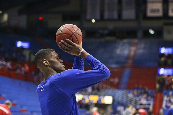 Kansas forward Billy Preston (23) puts up a shot during warmups prior to tipoff against Fort Hays State, Tuesday, Nov. 7, 2017 at Allen Fieldhouse.