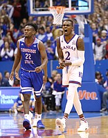 Kansas guard Lagerald Vick (2) gets fired up after a three pointer during the first half on Friday, Nov. 10, 2017 at Allen Fieldhouse. At left is Tennessee State guard Daniel Cummings (22).